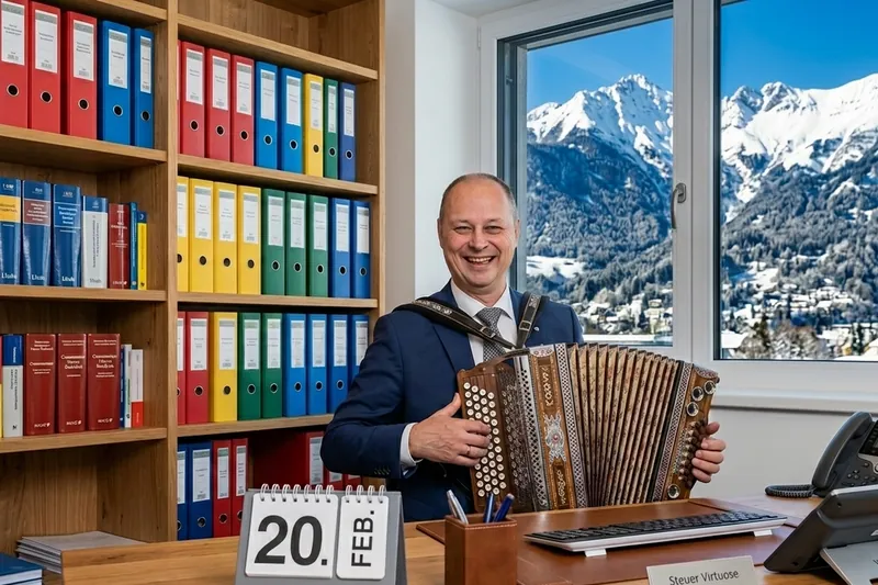 Mag. Edmund Hueber spielt in seinem Büro die Steirische Harmonika; im Hintergrund Ordnerregale und verschneite Berge.